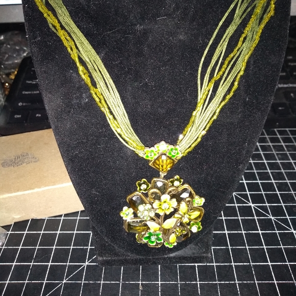 Jewelry - Green Multi Strand Necklace with Enamel & Glass Flowery Pendant, Green &…